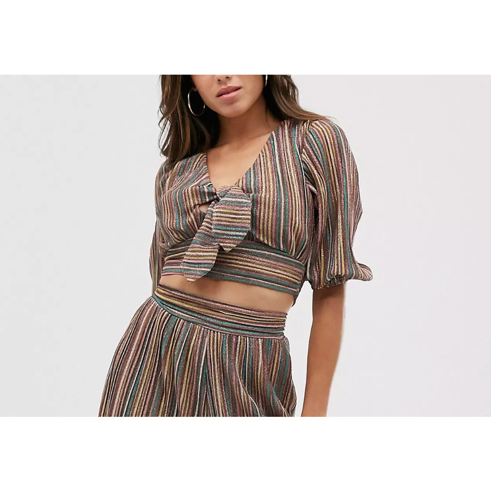 Club L London Women's Stripe Plisse Culotte Metallic-Multicolor Crop Top Size 6